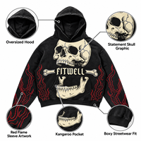 Sweat à capuche graphique tête de mort noir délavé personnalisé, manches flamme en strass, coupe oversize, style streetwear, pour marques en marque blanche