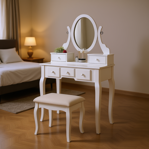 Table de maquillage avec tabouret, miroir réglable, tiroirs de rangement, meubles de chambre à coucher, bois blanc, design traditionnel - Product Image 2