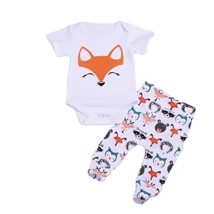 Babys Short Sleeve Cartoon Fox Rabbit Print Romper 3pcs Set For New Born Kids,Newborn Infant Baby Cloth,Baby Girl Summer Set