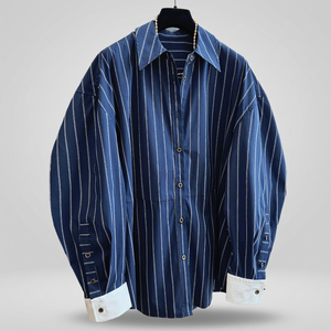 Chemisier décontracté d'automne en polyester non tissé à rayures, coupe droite, col rabattu, teint en fil, épaules tombantes pour femme - Vente en gros pour boutiques - Product Image 3
