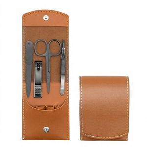 Nail <b>Kit</b> Stainless Steel Leather Case Portable Professional <b>Manicure</b> Set with 5 1 Nail Clipper Scissors Tweezers Luxurious Style - Product Image 2