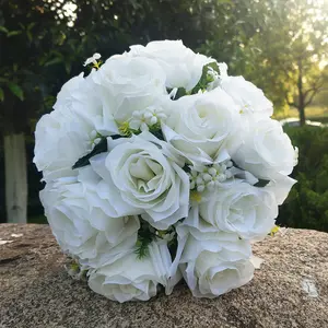 Mão buquê nupcial fita frisado simulação rosa casamento tiro adereços artificial flor