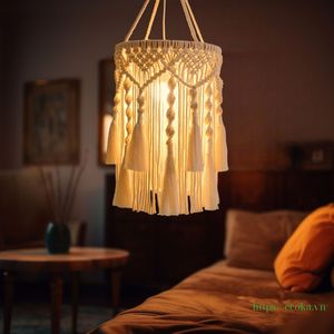 Abat-jour bohème en macramé 100 % coton respirant, tissé à la main avec pompons, suspension luminaire écologique, accessoires du Vietnam - Product Image 4
