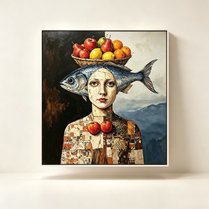 Dipinto a Olio Surrealista Donna con Pesce e Cesto di Frutta, <span class=keywords><strong>Arte</strong></span> Murale su Tela, Texture Vintage Effetto Craquelé, Decorazione Figurativa per Hotel, Caffè, Casa - Product Image 1