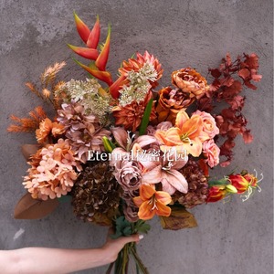 ดอกไม้ประดิษฐ์ Secret Garden สีส้มฤดูใบไม้ร่วง สีน้ำตาลกาแฟ กุหลาบผ้าไหม ลิลลี่ ไฮเดรนเยีย ตกแต่งบ้านงานแต่งงาน - Product Image 2