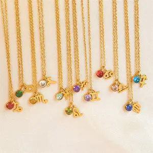Best Popular 18k Gold Plated Zodiac Necklace No Fade Colored Gemstone Birthstone Stainless Steel Astrology Star Sign Necklaces
