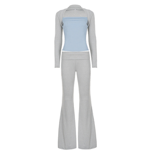 Ensemble deux pièces en tricot à manches raglan color block, t-shirt à manches longues et pantalon décontracté, ensemble assorti pour femmes, mode Y2K - Product Image 6