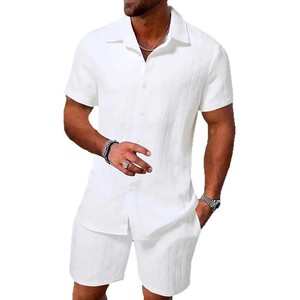 Ensemble deux pièces décontracté style européen pour <span class=keywords><strong>homme</strong></span>, col rabattu, manches courtes, en tissu de lin, idéal pour l'été, vente chaude - Product Image 5