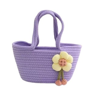 Cotton Thread Woven Tote Bag With Flower Decor Gift Basket Storage Basket Eco Friendly Handbag For Party Gifts - Product Image 5