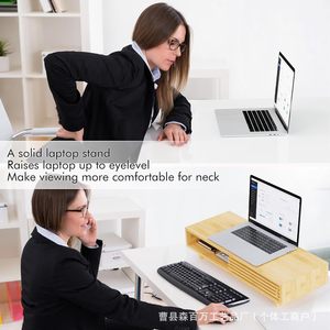 Wooden Computer Riser <b>Stand</b> With Storage Organizer For Laptops <b>Desktop</b> Use Natural Wood Color 2 Tier Design - Product Image 3