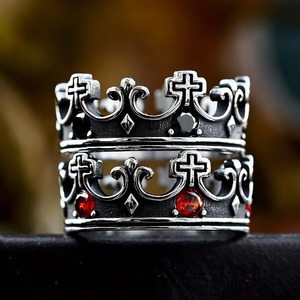 yunnique Crown <b>Cross</b> <b>Ring</b> Stainless Steel Unisex Viking Style Red Gemstone Jewelry Gift - Product Image 3