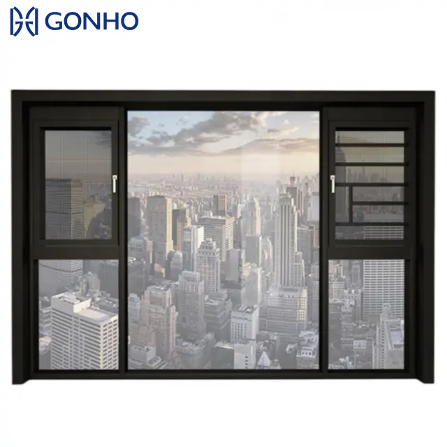 GONHO合理的な建設アルミニウムフレンチスタイル二重ガラス防音ブラックフレームウィンドウメーカーケースメントウィンドウ