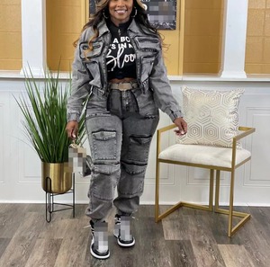 N8158-High elasticizzati pantaloni Multi tasca giacca in Denim Casual due pezzi set di Jeans per <span class=keywords><strong>abbigliamento</strong></span> da donna - Product Image 2