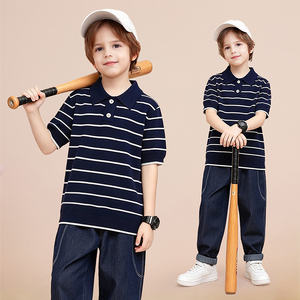 Chemise polo rayée en tricot pour enfants, manches courtes, décontractée, douce, respirante, hauts en tricot pour garçons, pour tous les jours et les sorties - Product Image 1