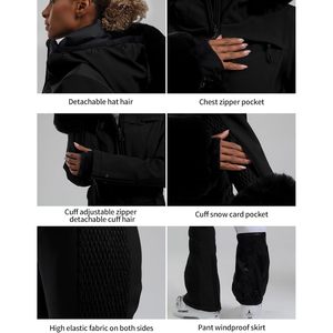 Combinaison de ski pour femme personnalisée, une pièce, isolée, imperméable, coupe ajustée, avec capuche et poignets en fourrure - Product Image 5