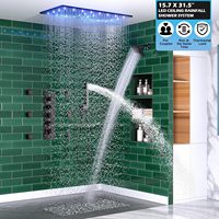 Système de douche LED double jet Homedec 16x32 po avec pommeau de douche inclinable 2-en-1 de 6 po et 6 jets latéraux thermostatiques en laiton