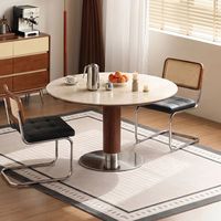 Table Ronde de Luxe Rétro avec Pieds en Bois, Plateau en Marbre Noir, 4 à 6 Places, Idéale pour Petit Bistro ou Restaurant