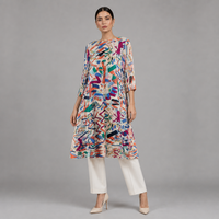 Nouvelle Robe Midi Plissée Imprimée pour Femme, Coupe Trapèze, Motif Géométrique Abstrait, Manches 3/4, Col Rond, Modèle Ample et Élégant, Vente en Gros pour Boutiques