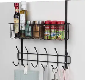 New Arrival Kitchen Bathroom Wall Mounted Organization Black Metal Wire Basket Over The Door Hook With 6 Hooks