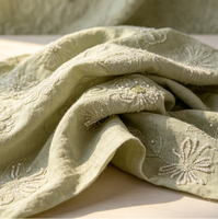Kain Linen Katun Hijau Muda dengan Bordir Bunga Mutiara & Payet Perak untuk Gaun Pengantin, Gaun Pengiring Pengantin