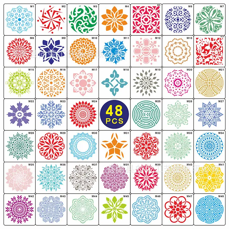 48pcs/set Plastic/PET 9*9cm Mandala Stencil Drawing Template Ruler Stencils For Painting Board DIY Album Decor