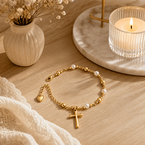 Braccialetto con Croce, Regalo per Figlia, Gioielli di Fede Cristiana con Ciondolo a Croce <span class=keywords><strong>e</strong></span> Perla per Donne <span class=keywords><strong>e</strong></span> Ragazze, Prima Comunione - Product Image 5