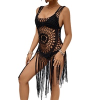 Robe midi vintage d'été pour femme, sans manches, ajourée, à franges, style cache-maillot de plage, en crochet fait main