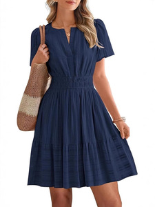 Custom Size Ladies 2026 Light Short Sleeve Mini <b>Dress</b> Soft Fabric V Neck <b>Elastic</b> High Waist Slim Casual Daily <b>Dresses</b> - Product Image 5