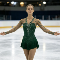 Robe de patinage artistique vert foncé à col en V et dos croisé, manches longues, ornée de strass et de mailles, pour compétition et spectacle (adultes et enfants)