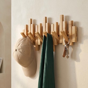 Perchero de madera para montar en la pared, gancho para ropa, llaves y gorras, organizador multifuncional, forma rectangular de un solo nivel - Product Image 1