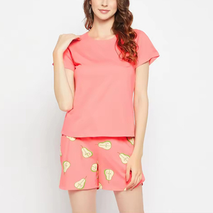 Ensemble de shorts en tricot décontracté pour femmes, 2 pièces, col rond, manches courtes, couleur unie, respirant, polyester/coton - Product Image 1