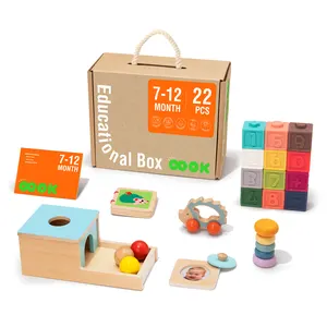 Caixa educacional infantil de madeira, brinquedo montessori de madeira para bebês de 7 a 12 meses