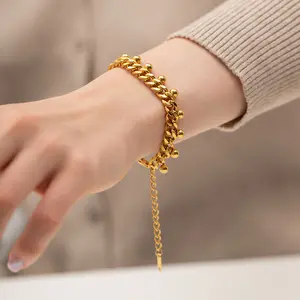 Pulsera de joyería de verano para niñas, cadena cubana de oro de 18k, cuentas redondas, borla colgante, bolas, pulsera de acero inoxidable resistente al agua