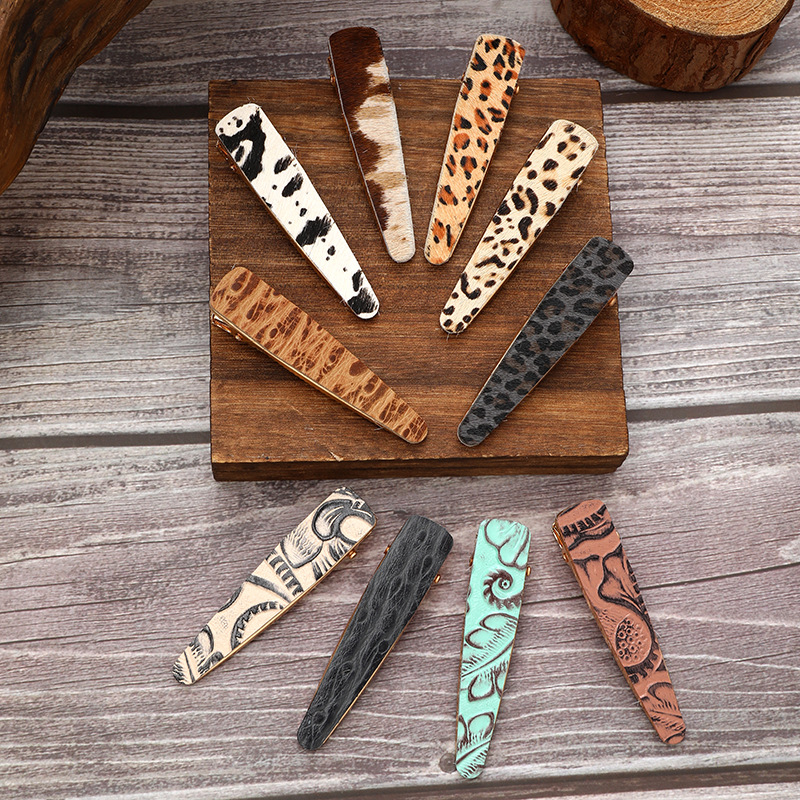 Custom Leopard Leather Hairpin Korean Cow Pattern Droplet Shape Barrettes Women Makeup Grooming Bangs Clip Alloy Metal Hairgrips