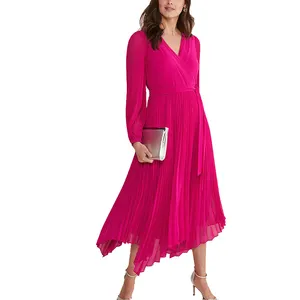 Robe de bureau formelle plissée et enveloppante avec logo personnalisé, jupe haute basse, coupe spéciale, vêtements pour femmes, robe élégante de couleur unie