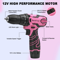 Perceuse sans fil rose 12V avec 25 accessoires, batterie 1,5Ah, mandrin 10mm, visseuse électrique pour le bricolage à domicile