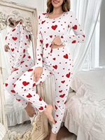 Ensemble de vêtements de nuit décontractés pour femmes, base blanche avec imprimé cœur rouge, haut à manches longues en tricot côtelé et pantalon, ensemble de 2 pièces pour se détendre
