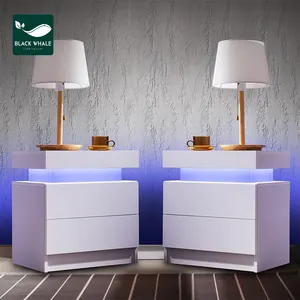 Manufacturer Factory Marble Bed Rooms Smart Modern Black Drawer LED Wooden Nachttisch Drawer Cabinet Bedside Table Nightstand