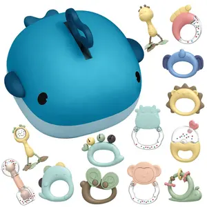 Samtoy Eco-friendly Boiled Hand Bell Storage Box Bell 13PCS Custom Chew Silicone Baby Rattles Teether Toys Set for Newborn Toys