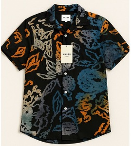 NNJBR Chemise à manches courtes pour hommes, imprimé floral, noir, orange, bleu, col rabattu, tenue d'été décontractée - Product Image 1