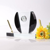 Horloge en cristal K9 avec porte-stylo, décoration de bureau, décoration de table, style monochrome, cadeau de bureau
