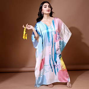 New2026 Women's V Neck Silk <b>Kaftan</b> Dress With Random Print Bohemia Style Loose Fit Maxi Length <b>Summer</b> Daily Wear India Ethnic - Product Image 1