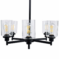 Lustre moderne à 6 lumières, style ferme, cadre en métal noir mat, abat-jour cylindriques en verre transparent, base E26, éclairage pour restaurant et café