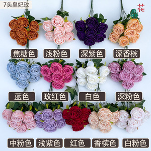 ช่อดอกกุหลาบประดิษฐ์สไตล์ยุโรป 7 หัว ดอกไม้ผ้าไหมสำหรับตกแต่งงานแต่งงาน ทำด้วยมือ ดูเป็นธรรมชาติ - Product Image 3
