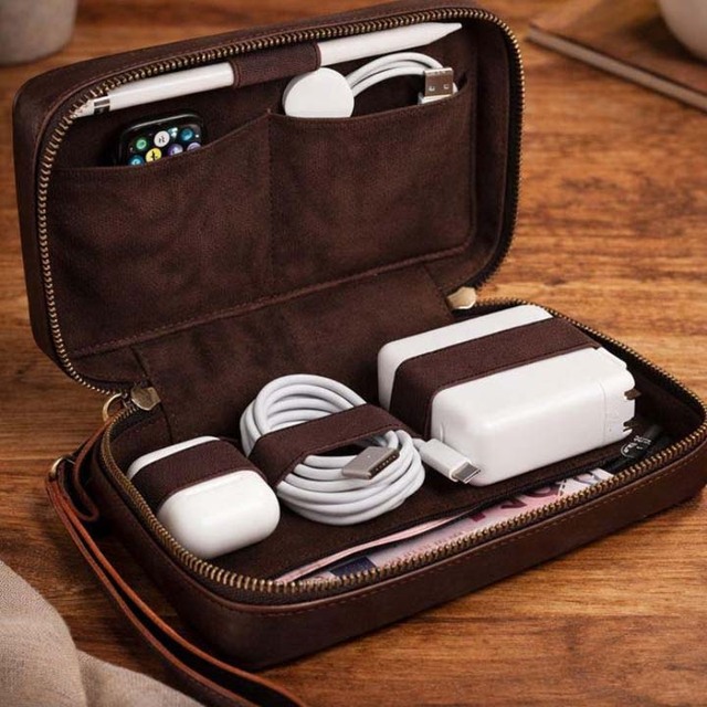 Custom Leather Travel Cable Organizer Bag Handmade Dual-Zip Tech Pouch Portable Electronics Accessories Carrying Case