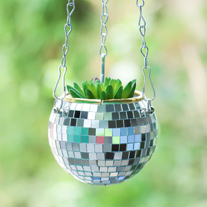 Offre Spéciale Home Decor Disco Miroir Boule Plante Ronde Suspendue <span class=keywords><strong>Jardinière</strong></span> <span class=keywords><strong>En</strong></span> Verre et Fer Pot De Fleur avec <span class=keywords><strong>Macramé</strong></span> Corde Drainage Trou - Product Image 2