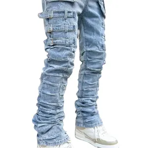 Fabricantes de alta calidad OEM y ODM multi bolsillo Slim Fit Designer Patch Stretch Stacked Pants Tassel Skinny Flared Denim Jeans