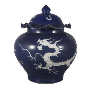 Jarrón de Templo de Porcelana China Antigua de la Dinastía Ming, Forma de Loto Azul, Diseño de Dragón, Arte Cerámico Decorativo - Product Image 1