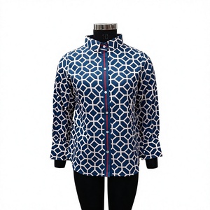 Women's Blue <b>Geometric</b> Print Mandarin Collar Button Down <b>Shirt</b> Full Sleeve Casual Poplin Top Regular Fit All Seasons - Product Image 1