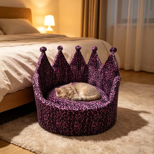<strong>Canopy</strong> Cat Princess Crown Throne Luxury Pet <strong>Bed</strong> for Cats <strong>Dogs</strong> Soft PP Cotton Plush Removable Washable Purple Leopard All Seasons - Product Image 1